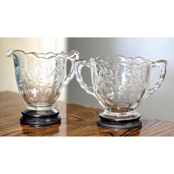Vintage Etched Glass Sterling Silver Sugar Creamer Set - Picture 1 of 12